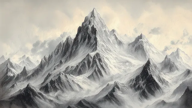 Black and white sketch of sharp snow-covered mountain peaks surrounded by drifting mist and clouds.