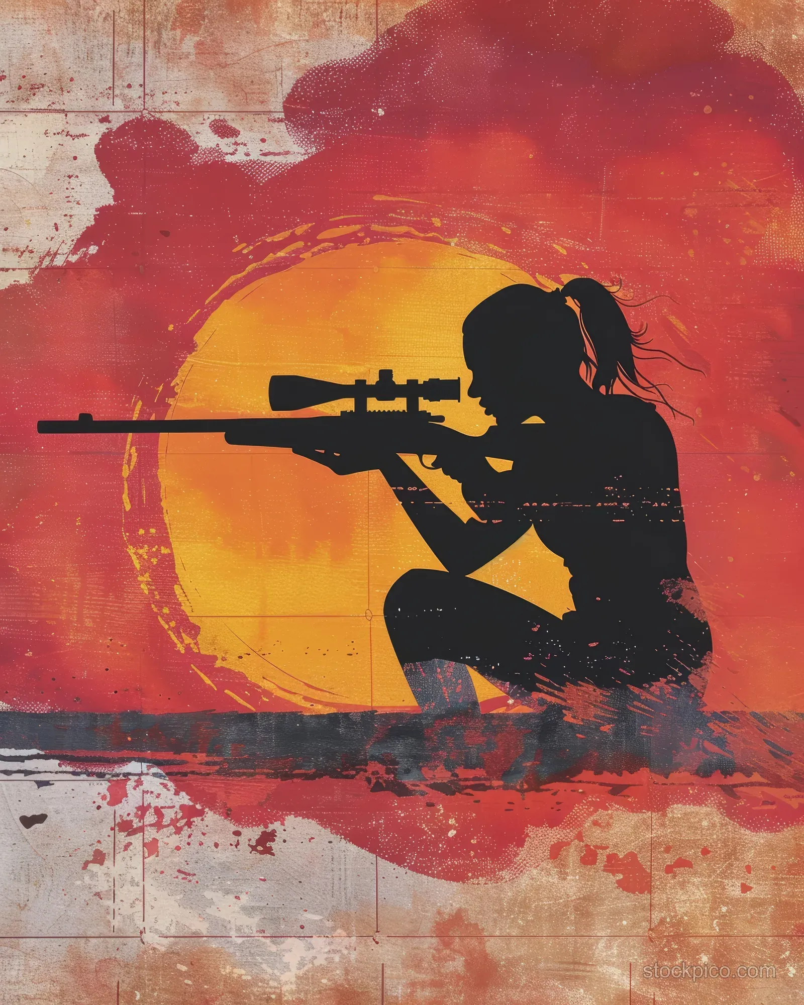 Silhouette of a female rifle shooter in standing, kneeling, and prone positions against a sunset-colored circular background.