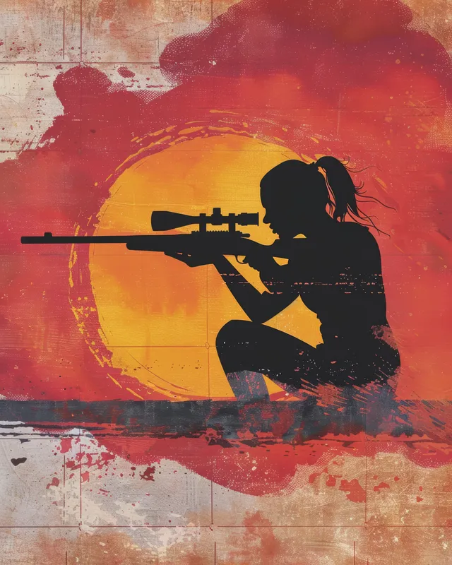 Female rifle shooter silhouette in three positions against a dramatic sunset-toned backdrop
