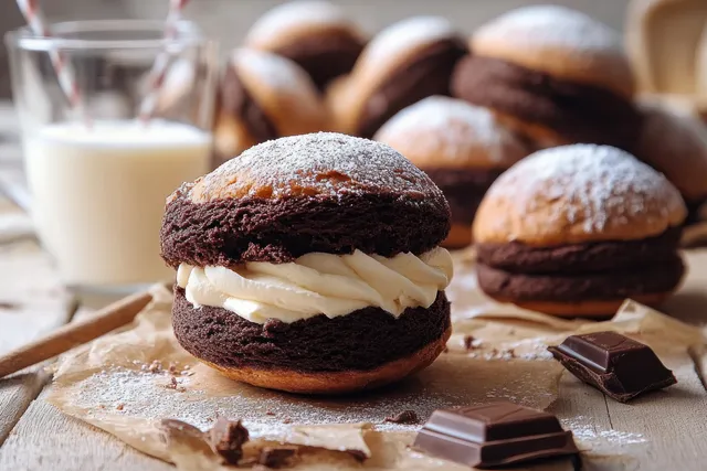 Chocolate and Vanilla Cream Sandwich Cookies with Powdered Sugar and Milk