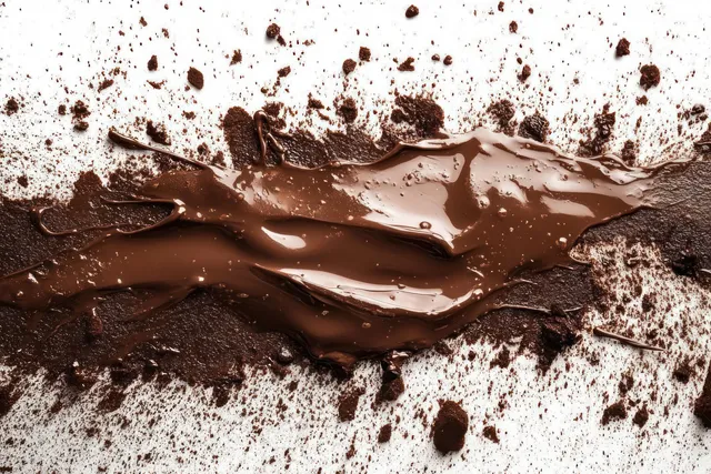 Glossy melted chocolate is smeared over scattered cocoa powder on a white surface.
