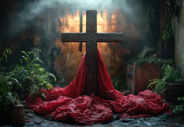 A wooden cross with red fabric drapes across it under warm light in a dark church-like setting.