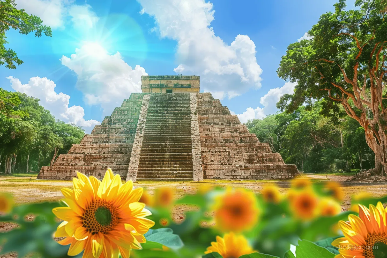 Ancient Mayan pyramid at Chichen Itza showcases serpent statues and a stepped facade under bright daylight in Yucatán, Mexico.