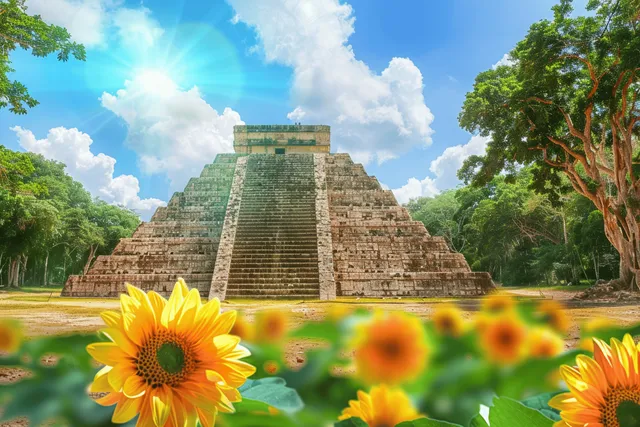Ancient Mayan Pyramid at Chichen Itza with Snake Statues and Stepped Facade in Yucatán, Mexico