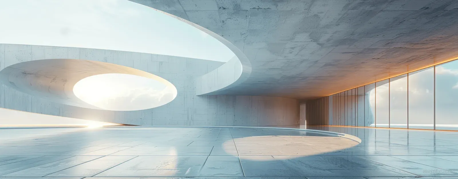 Minimal concrete interior with curved round wall, smooth floor, and bright daylight from large windows.