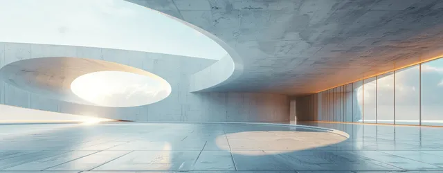 Minimal concrete interior with curved round wall, smooth floor, and bright daylight from large windows.