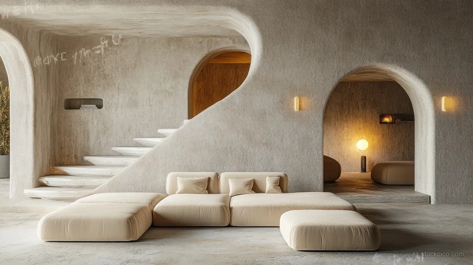 Beige sectional sofa sits in a minimalist living room with warm lights, arched openings, and a floating staircase.