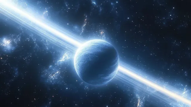 Glowing blue planet with bright rings floating in dark space among stars and wispy cosmic clouds.
