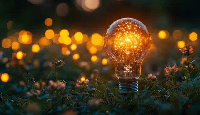 A glowing light bulb surrounded by green plants in a dark garden, symbolizing renewable energy and carbon neutrality.