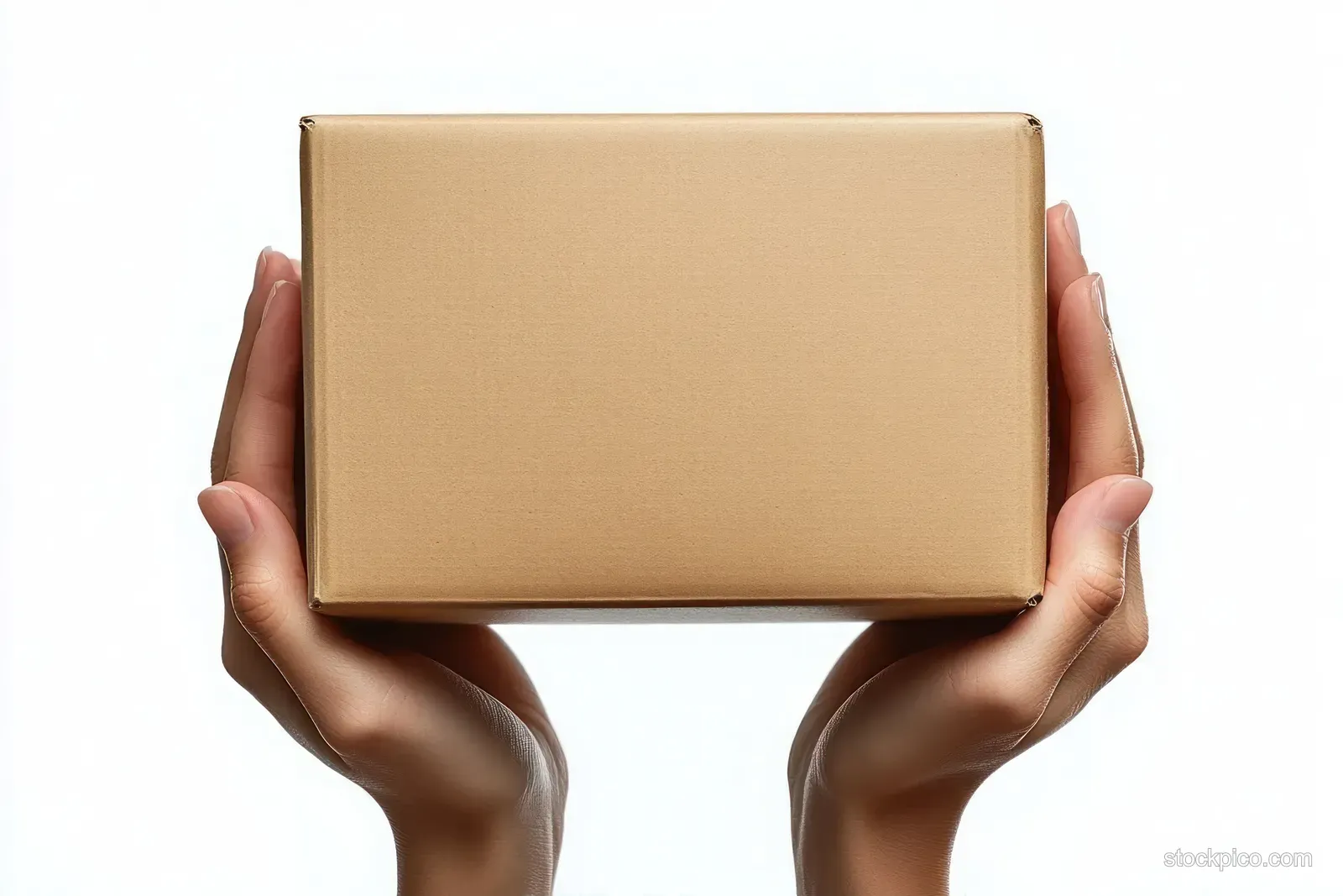 Two hands hold a small unlabeled cardboard box against a white background.