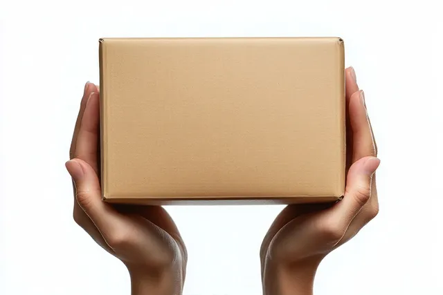 Two hands holding a small plain cardboard box against a white background