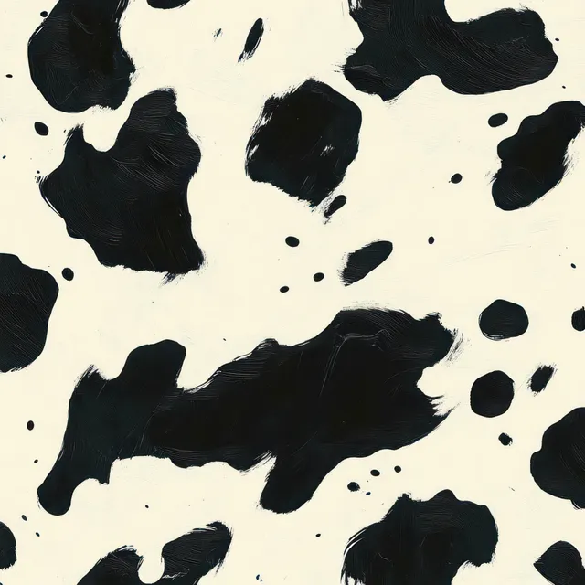 Abstract black and white cow spots pattern with irregular blotches on a light background, creating a textured surface.