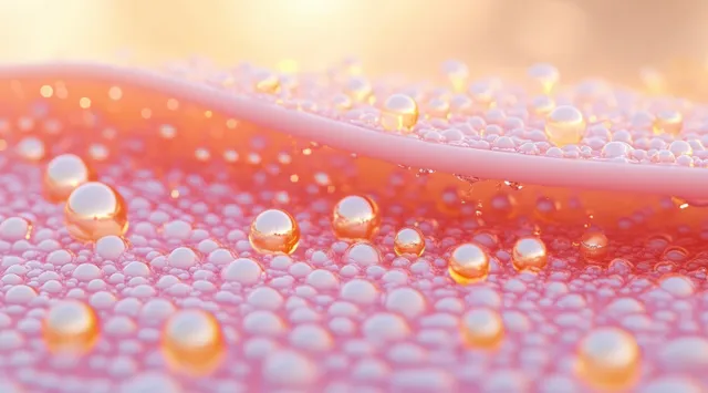 3D collagen serum droplets resting on textured pink gel with glowing vitamin bubbles