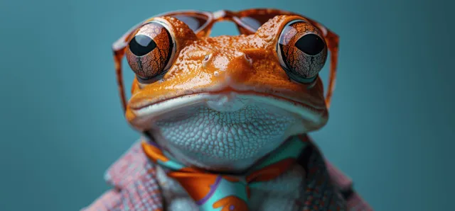 Frog wearing sunglasses and a purple jacket with colorful tie on blue studio backdrop with Fun Character Portrait