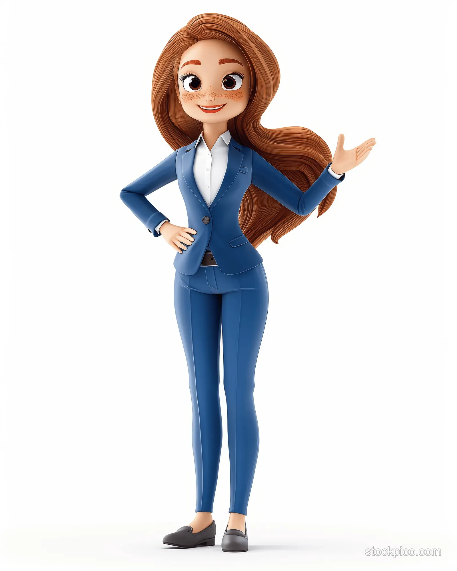 3D cartoon businesswoman in blue suit smiling and presenting with one hand on a white background.