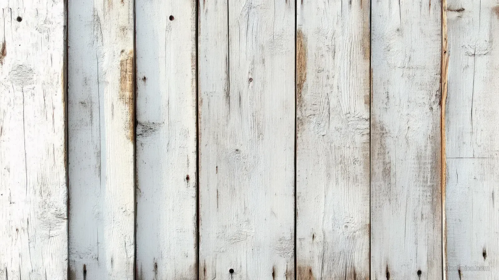 Close-up of weathered white wooden planks with visible grain, knots, and peeling paint texture.