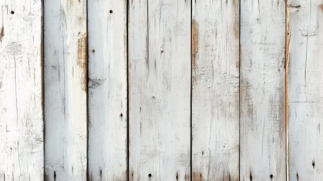 Close-up of weathered white wooden planks with visible grain, knots, and peeling paint texture.