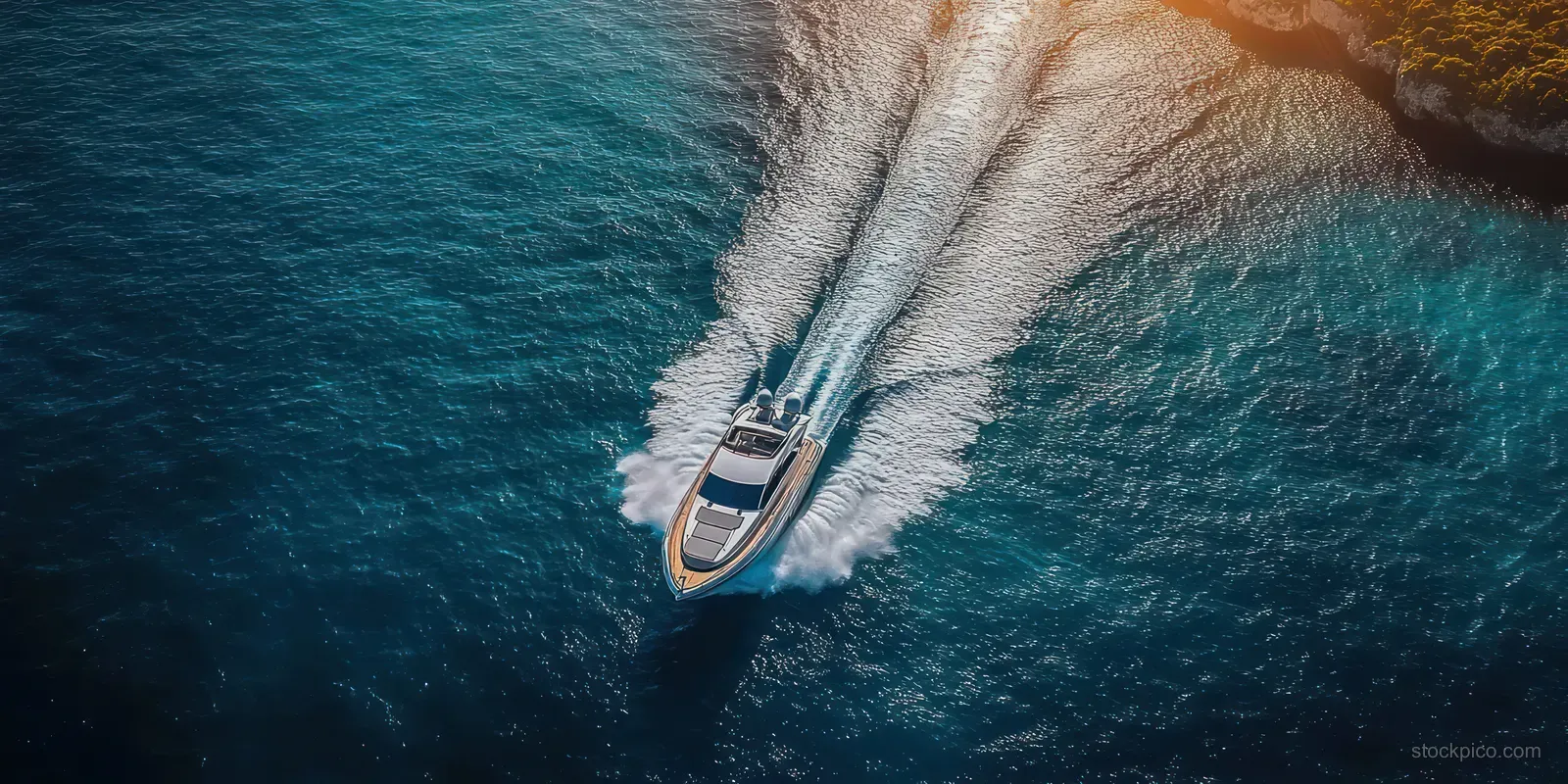 Aerial view of a motorboat cutting through the Adriatic Sea, creating a white wake in bright summer sunlight.
