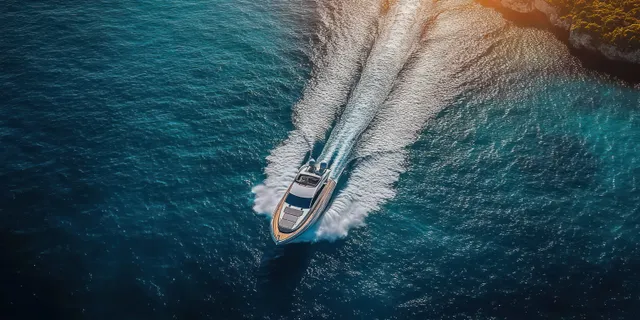 Aerial shot of a motorboat slicing the Adriatic water, bright summer sunlight