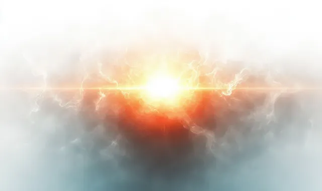 Glowing orange energy explosion radiating electric sparks through smoky blue and white haze