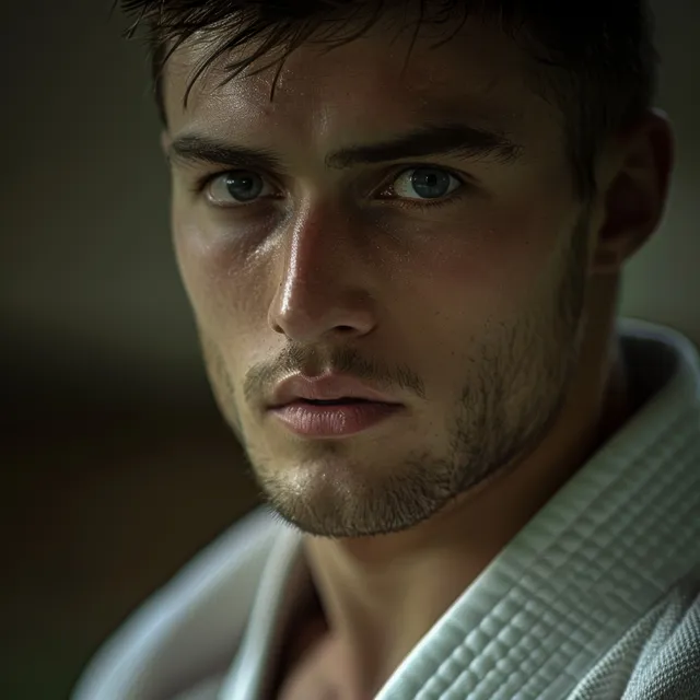 Male judoka from Georgia stares intensely, ready for a gripping throw on judo mat