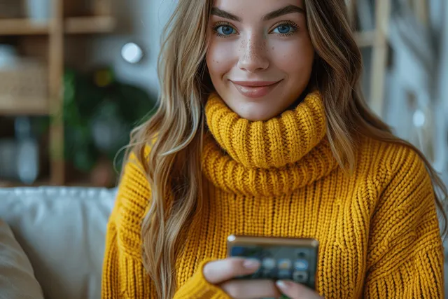Woman in yellow sweater smiling while using a smartphone at home
