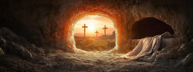 Sunlit empty tomb interior shows three distant crosses and folded burial linen in a stone entrance.