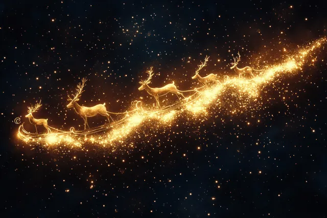 Reindeer pulling a glowing sleigh across a starry night watercolor sky