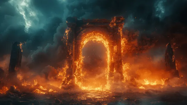 An ancient stone gate burns with a glowing arch while smoke and flames fill the ruined entrance.
