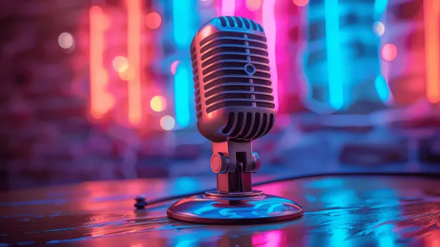 Vintage chrome microphone on table facing viewer under colorful neon bokeh lights