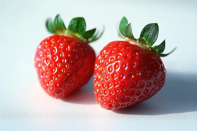 Two vivid red strawberries with green leaves are arranged on a white surface, illuminated by soft natural light.