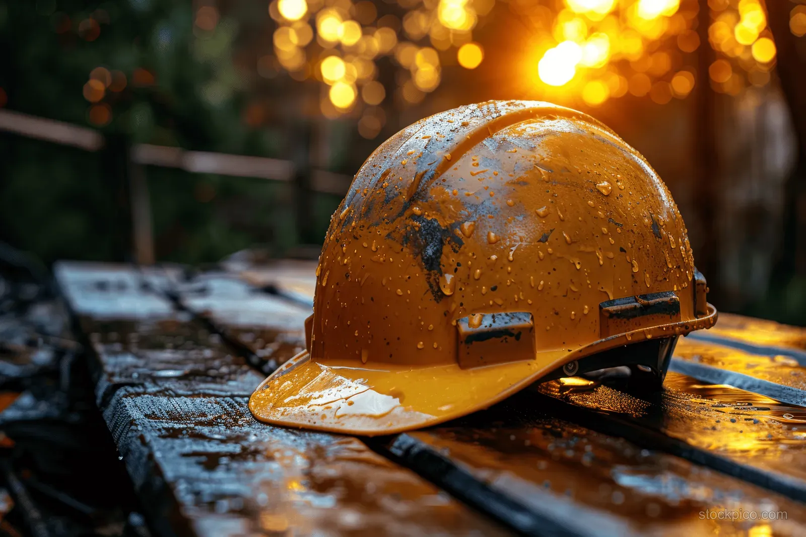 Wet yellow hard hat sits on rain-covered wooden boards with glowing bokeh lights in the background.