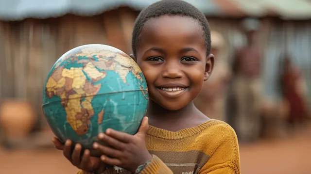 A smiling African child holds a colorful Earth globe outside with a softly blurred village background.