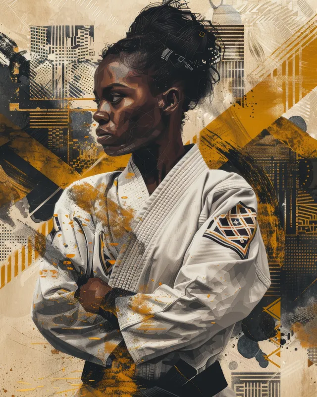 A karate athlete in a white gi strikes a guarded stance against a golden geometric patterned background.