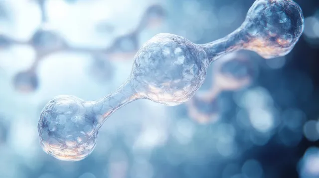 Glowing molecular model spheres float under dreamy blue lighting with a soft blurred background.