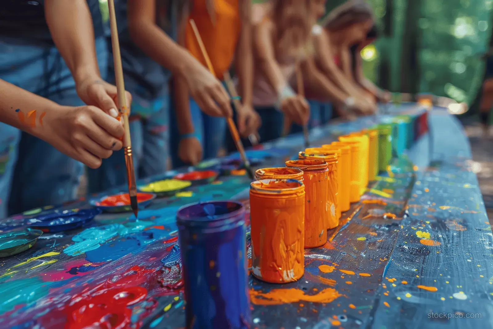 Campers paint at an outdoor table with colorful paint cups and brushes lined up in natural light.