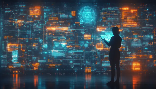 Silhouetted analyst watches glowing data panels filled with metadata tags and hierarchical taxonomy links.