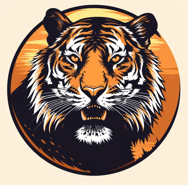 Aggressive tiger head logo with bold outlines inside a circular sunset emblem backdrop.