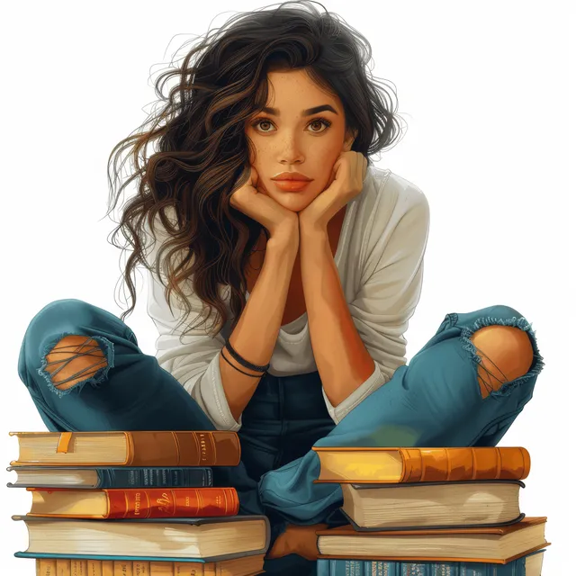 3D woman sits with hands under her chin on stacked books against a white background.