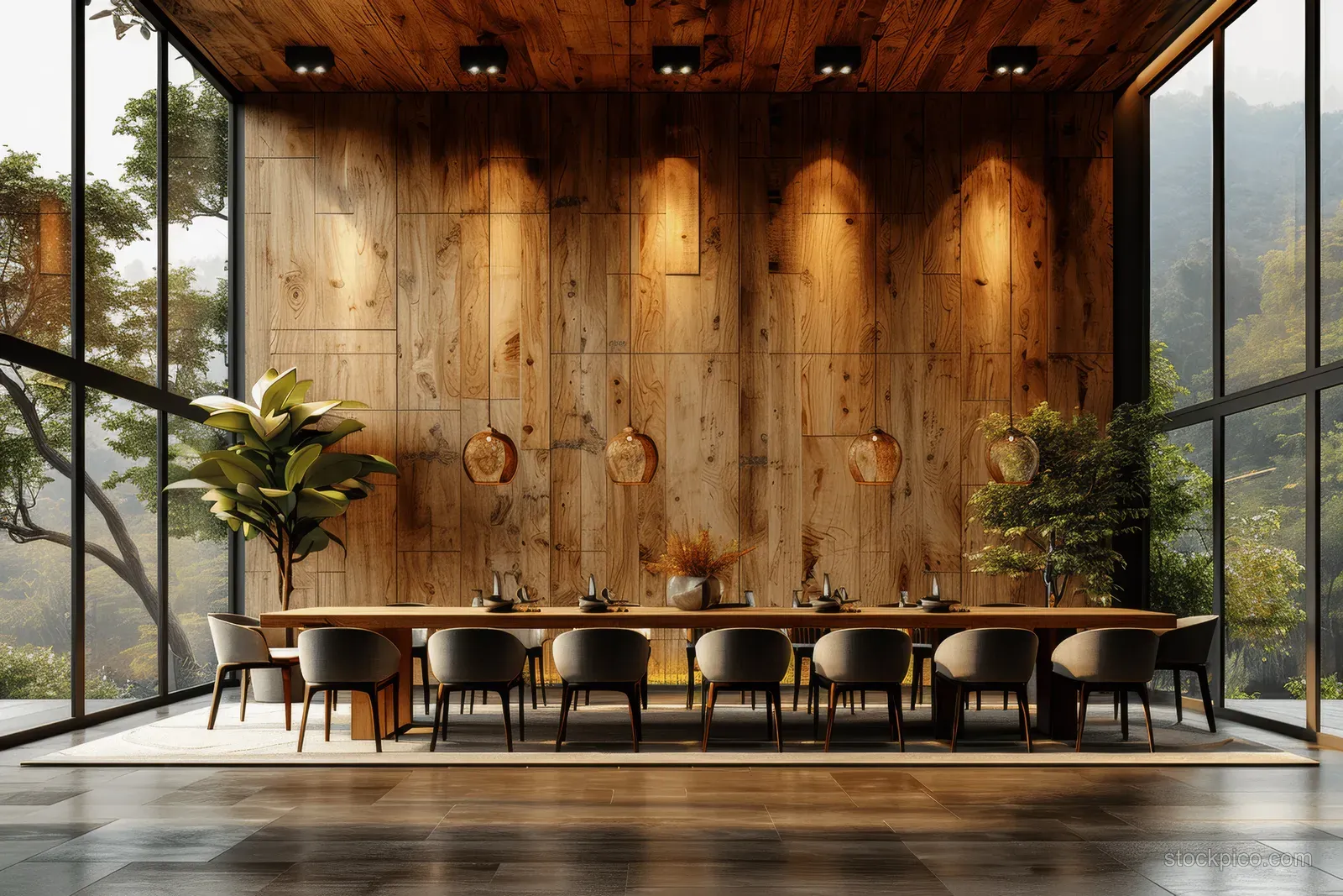 Minimal dining room interior with a long wooden table, paneled wood wall, and warm lights under large windows.