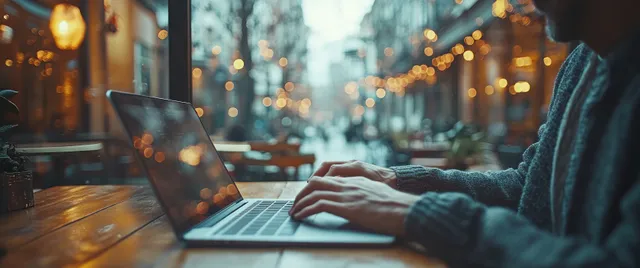 Male hands typing on laptop keyboard at a cafe table, warm natural window light