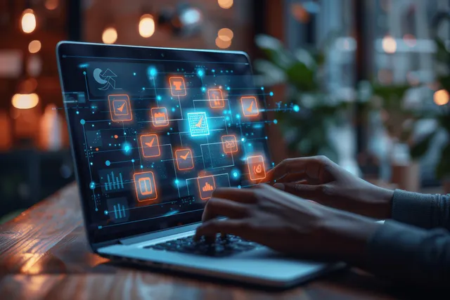 A person types on a laptop displaying document and checklist icons over a secure network interface.