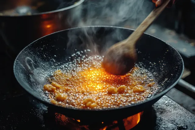 Sizzling chicken frying in a black wok under warm candlelight, rustic kitchen atmosphere
