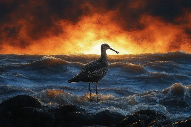Silhouette shorebird standing on wet rocks as turbulent ocean waves crash at sunset glow