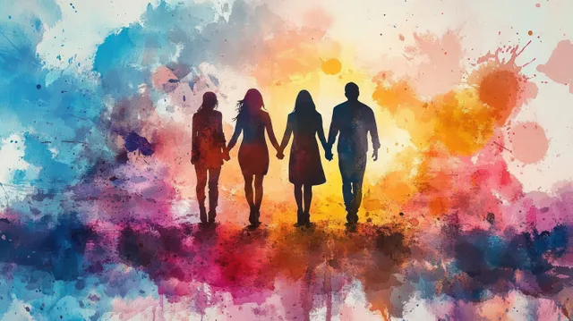 Diverse faith community walking together holding hands in vivid watercolor splash