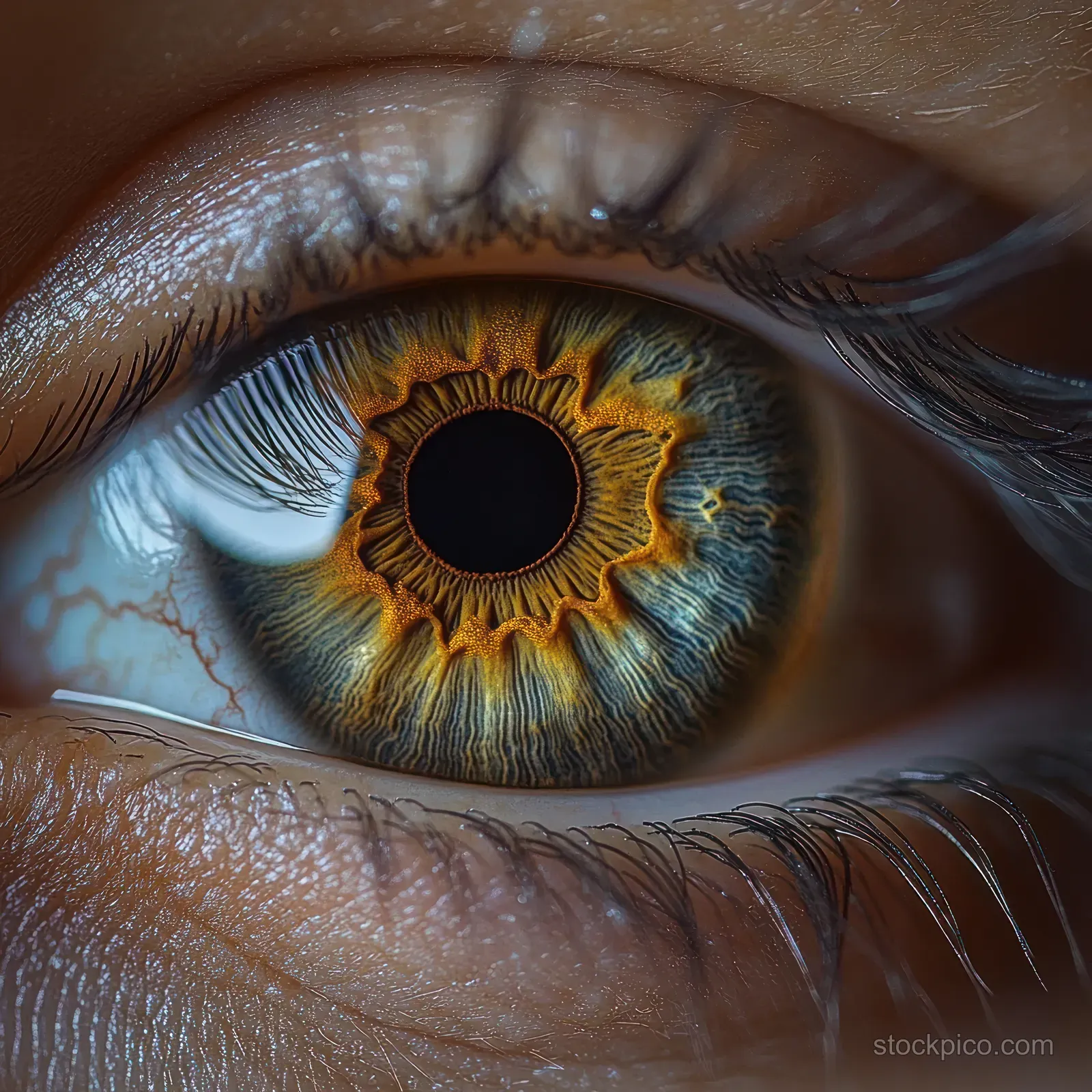 Extreme close-up of a human eye with colorful iris textures, visible blood vessels, and eyelashes.