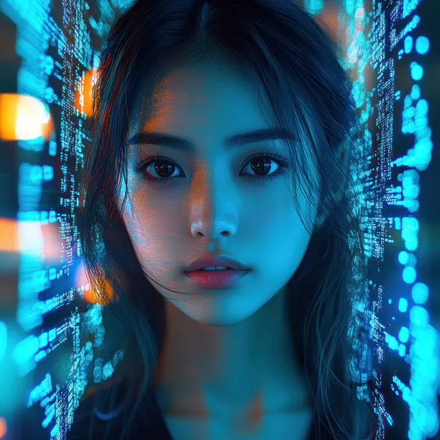 Close-up portrait of a young woman illuminated by blue and orange data streams from a digital interface background.