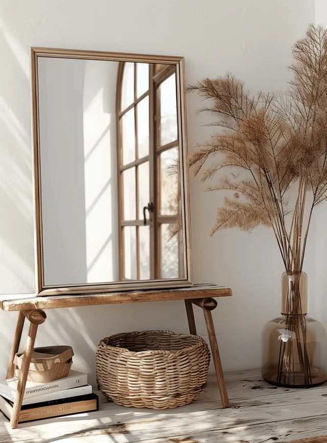 Blank wooden picture frame mockup leans against a wall beside a window with rattan decor and pampas grass.