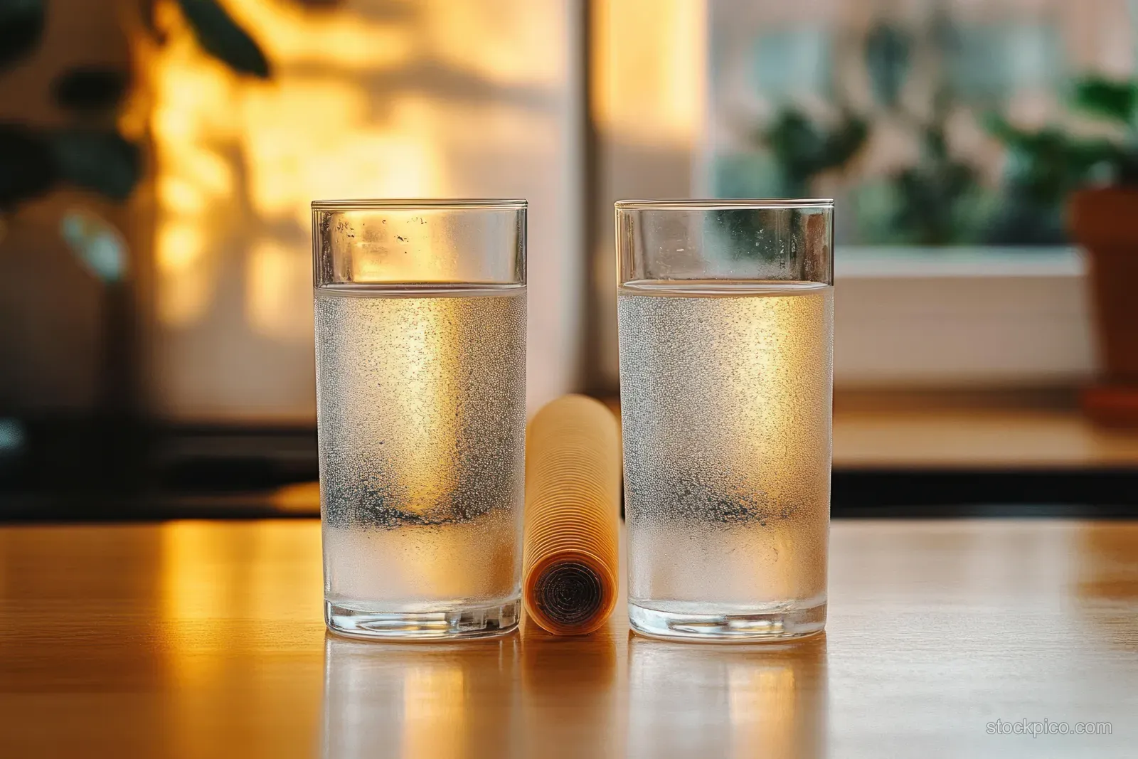 Two tall glasses of cold water with condensation droplets on a wooden table with softly blurred indoor plants.