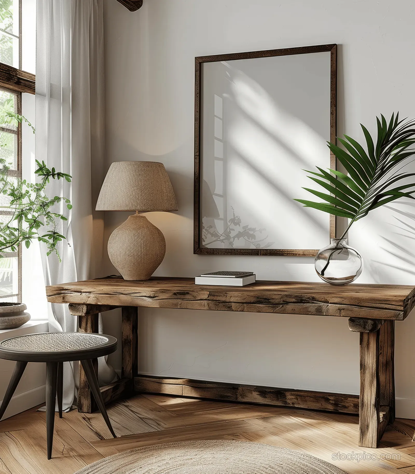 Rustic wooden desk with lamp and framed poster in a sunlit Nordic living room near a window.